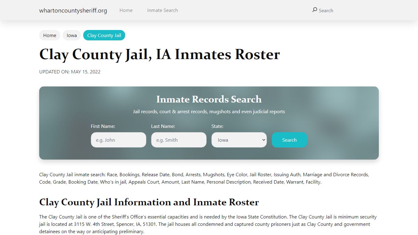 Clay County Jail, IA Jail Roster, Name Search